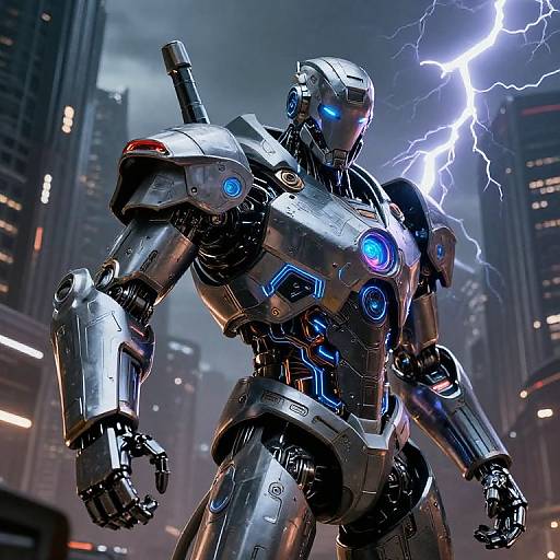 CGI image of a futuristic, silver, glowing blue-accented robotic warrior standing in a dark, stormy cityscape with lightning. Skys