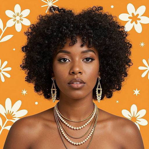 Photograph of a beautiful Black woman with curly hair, wearing gold earrings and layered pearl necklaces, against an orange floral background.