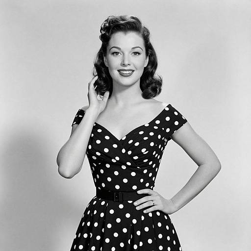 Black-and-white photograph of a smiling 1950s-style woman with dark, wavy hair, wearing a polka dot dress, one hand on