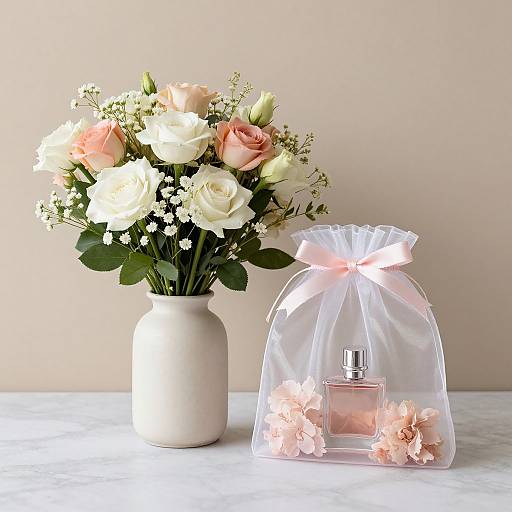 Photograph of a white vase with pink and white roses, beside a clear bag with pink flowers and perfume.