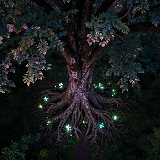 Digital artwork of a dark tree with glowing green fireflies among its roots, illuminated purple leaves, and a small fairy house on the trunk.