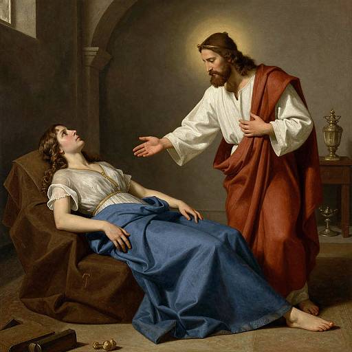 Photograph-style painting of Jesus with long brown hair and beard, in white robe with red mantle, standing beside a reclining Mary Magdalene in