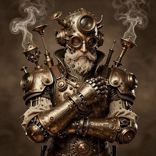 Steampunk robotic old man with brass gears, smoke rising from pipes, and goggles, crossed mechanical arms, dark smoky background. Digital art.