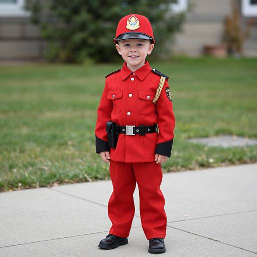 Photograph of a young boy in a bright red firefighter uniform, including a cap, standing on a concrete sidewalk in a grassy backyard.