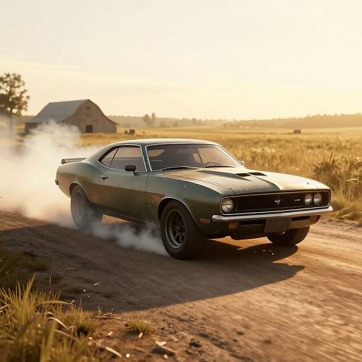 Classic Muscle Car Burnout in Rural Setting
