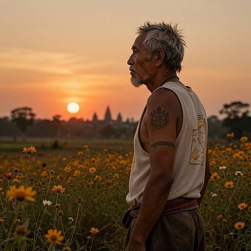Treasure Map Tattooed Elder at Sunset