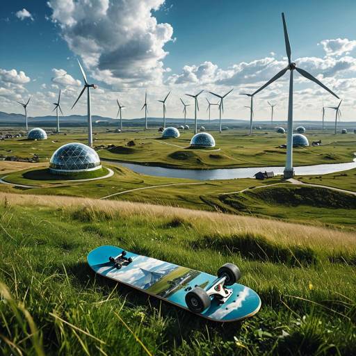 Skateboard on Grass with Futuristic Wind Turbine Landscape