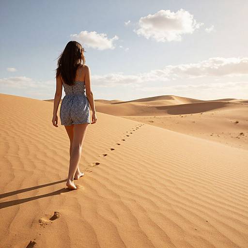 Photograph of a woman with long brown hair in a blue patterned dress walking barefoot through sunlit orange sand dunes, leaving footprints,