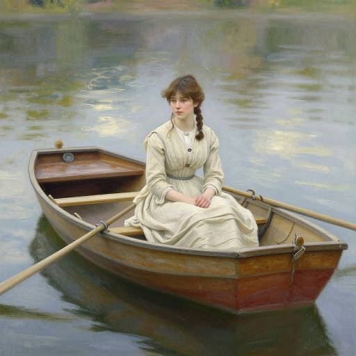 A painting of a young woman with fair skin and brown braided hair, wearing a white dress, rowing a wooden boat on a calm lake.