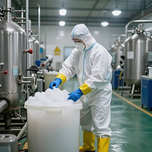 Photograph: Worker in white hazmat suit, blue gloves, yellow boots, and face mask fills white container with powder in a sterile industrial lab.