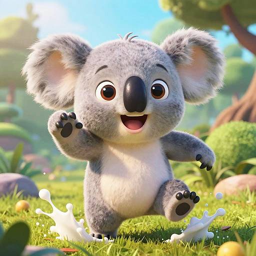 CGI image of a cute, animated gray koala with large ears and black nose, joyfully jumping in a sunny, grassy forest.