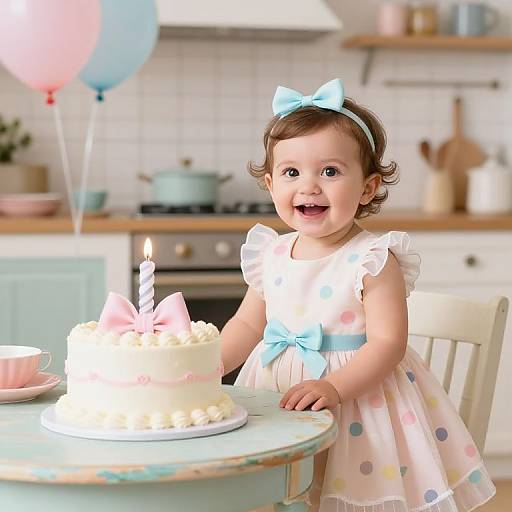 Photograph of a smiling baby girl in a pastel polka dot dress and blue bow, blowing out candles on a birthday cake in a bright,