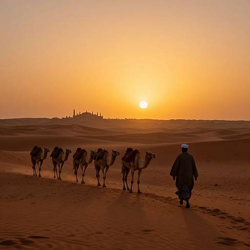 Photograph of a silhouetted camel caravan led by a robed figure following a golden sunset over endless desert dunes.