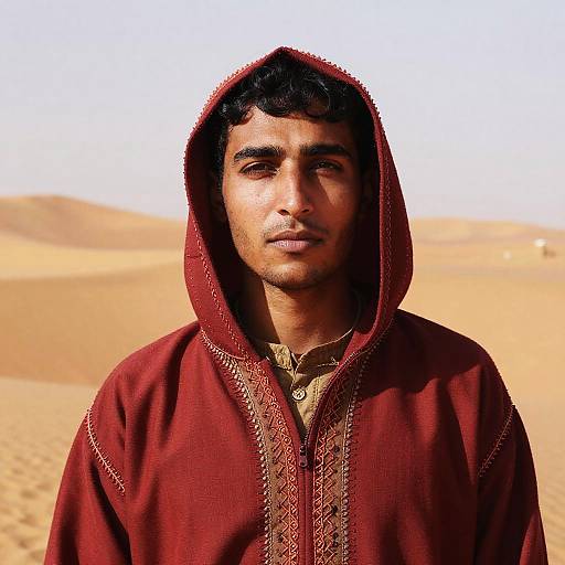 Photograph of a young Middle Eastern man with dark hair and olive skin, wearing a red hooded traditional robe, standing in a sunlit desert landscape