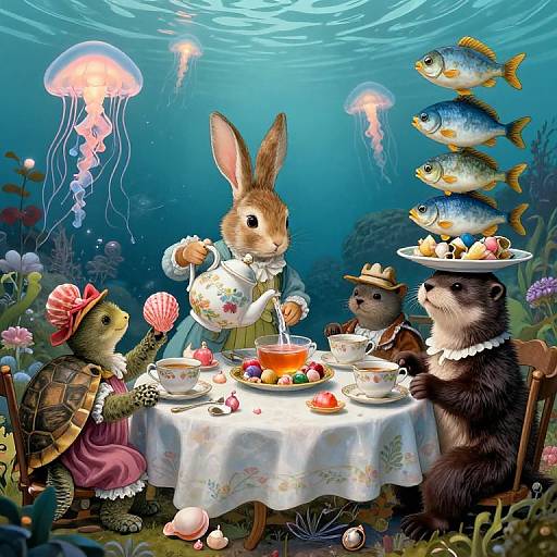 Underwater tea party: anthropomorphic rabbit, turtle, and weasel in Victorian attire, served by jellyfish and fish, with a jellyfish-l