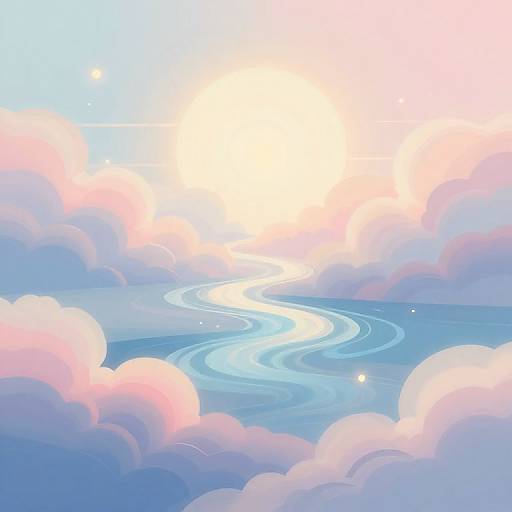 Digital art of a serene sky with pastel clouds, a bright sun, and a glowing, winding river of light.
