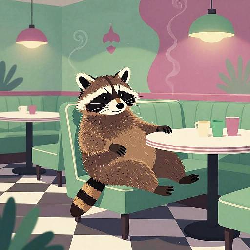 Digital illustration of a relaxed raccoon with fluffy brown and black fur, sitting in a retro, green and pink diner booth.