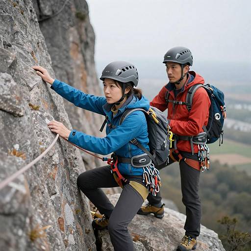 Determined Climbers Conquering a Rocky Cliff