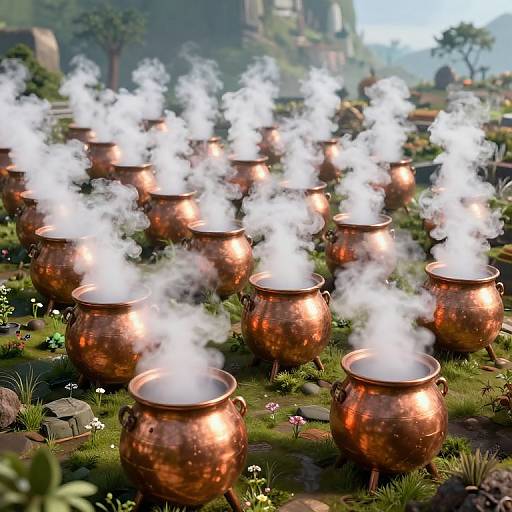 Photorealistic CGI image of fourteen copper cauldrons with steaming white smoke, arranged in rows on a lush, grassy landscape with small flowers