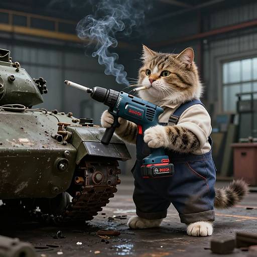 Digital artwork of a cute, striped tabby kitten in blue overalls, holding a smoking blue drill gun, standing next to a military tank in a