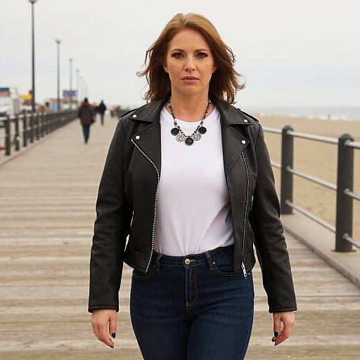 Curvy Woman on Coastal Boardwalk in Leather Jacket