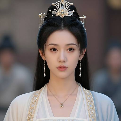 Photorealistic digital portrait of an East Asian woman with long black hair, wearing an ornate gold tiara, white traditional robe, and teard