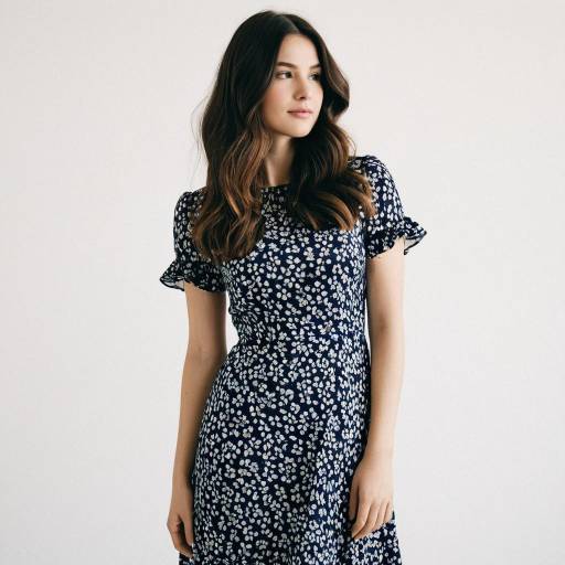 Young Woman in Retro Minimalistic Floral Dress