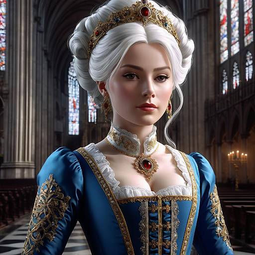 Digital art of a fair-skinned, white-haired princess in a blue, gold-embroidered gown with a tiara, choker, and