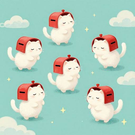 Digital illustration of five cute, white, fluffy cats with red mailbox hats, floating in a bright blue sky with white clouds and stars.