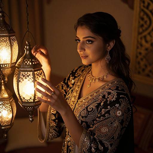 Photograph of a beautiful Indian woman with dark hair, wearing an ornate black and gold traditional outfit, holding a glowing lantern, illuminated by warm light
