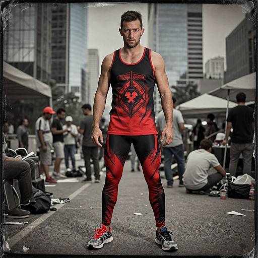 Photograph of a muscular, bearded man in red and black athletic gear, standing confidently on a city street, surrounded by people and white tents in