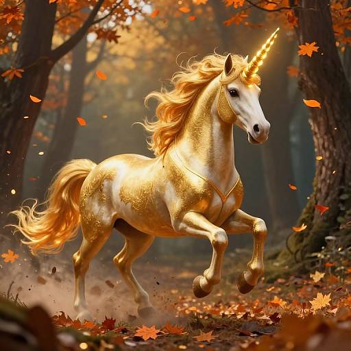 Golden Unicorn in Mystical Autumn Forest