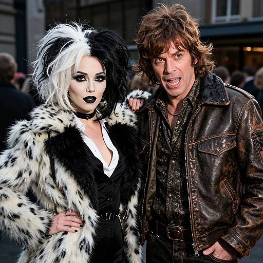 Photograph of a pale woman with black-and-white hair, black lipstick, and a fur coat, standing beside a brown-haired man in a leather jacket