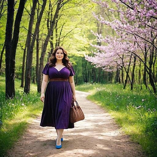 Plus Size Woman in Purple Dress Walking in Spring Forest