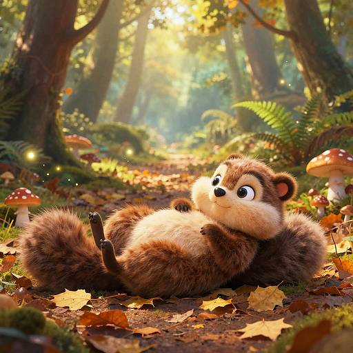 Cute, cartoon-style raccoon lying on its back in a sunlit autumn forest, surrounded by mushrooms, leaves, and ferns. Digital artwork