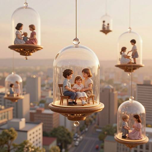 Digital art: Four miniature children in glass domes, floating above a sunset cityscape, sitting on wooden chairs, interacting warmly.