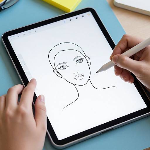 Photograph of hands drawing a black-and-white line sketch of a woman's face on a tablet with a white pen.