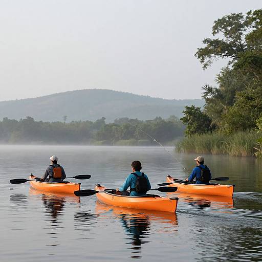 Photograph of three people in bright orange kayaks, paddling on a calm, misty lake with lush green trees and hilly background.