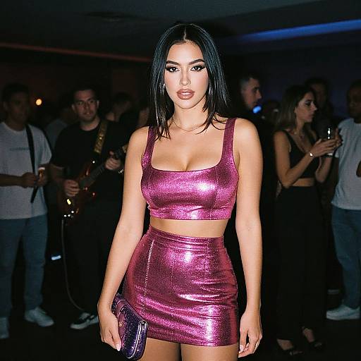 Photograph of Kim Kardashian in a shiny pink, metallic crop top and mini skirt, standing in a dimly lit, crowded nightclub.