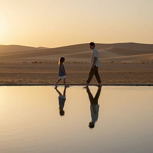 Photograph of a silhouetted man and young girl walking hand-in-hand across a reflective water puddle in a desert at sunset, with sand