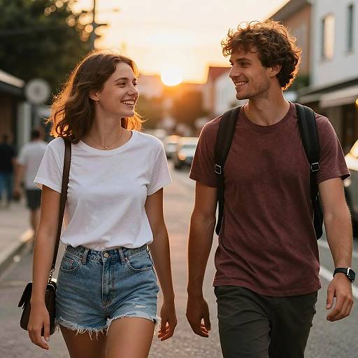 Photograph of a smiling brunette woman in a white t-shirt and denim shorts, and a curly-haired man in a maroon t-shirt, walking together