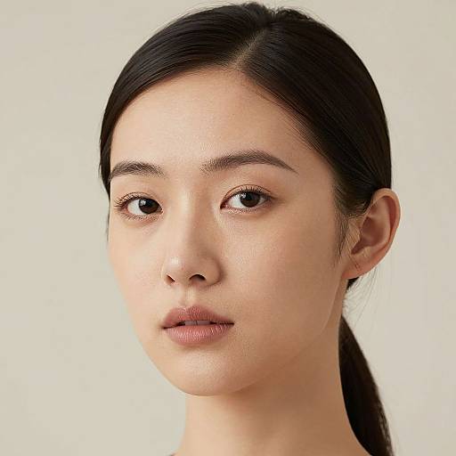 Photograph of a young East Asian woman with fair skin, dark brown eyes, straight black hair in a ponytail, neutral expression, and soft natural