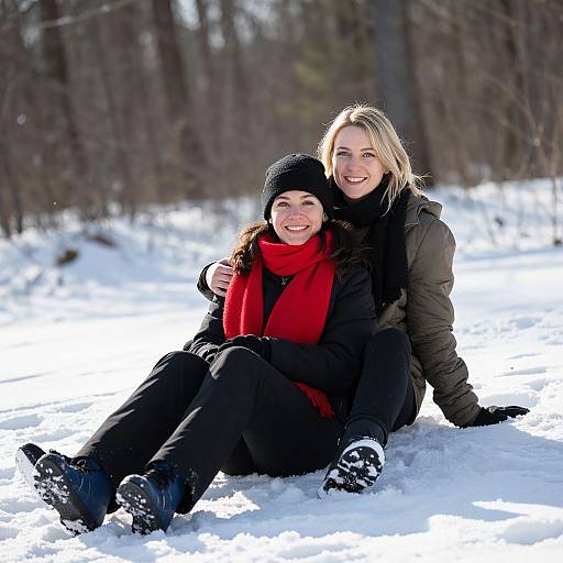 Photograph of two smiling women in winter clothing, sitting on snow in a forest; one wears a black hat and red scarf, the other a black