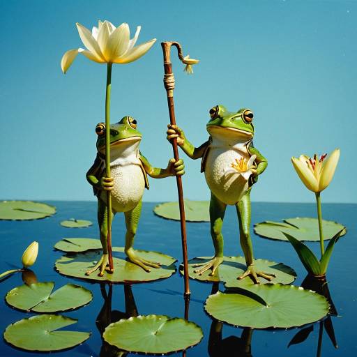 Frogs on Lily Pads with Flowers and Walking Stick