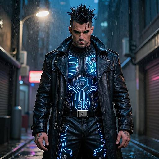 Cyberpunk street scene: Muscular man with spiky black hair, dark leather jacket, and neon circuit-patterned outfit stands in rain, gl