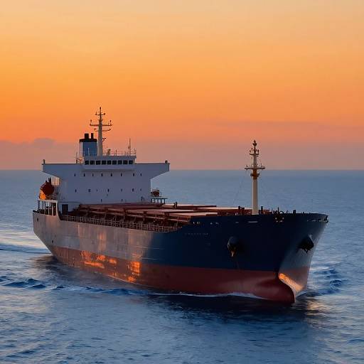 Photograph of a large cargo ship sailing at sunset, with an orange and pink sky, creating a reflective, silhouetted effect on the calm