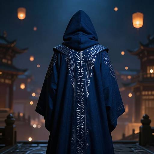 Mysterious figure in dark hooded cloak with intricate white patterns, standing in foggy, illuminated Asian-inspired courtyard with floating lanterns. CGI.