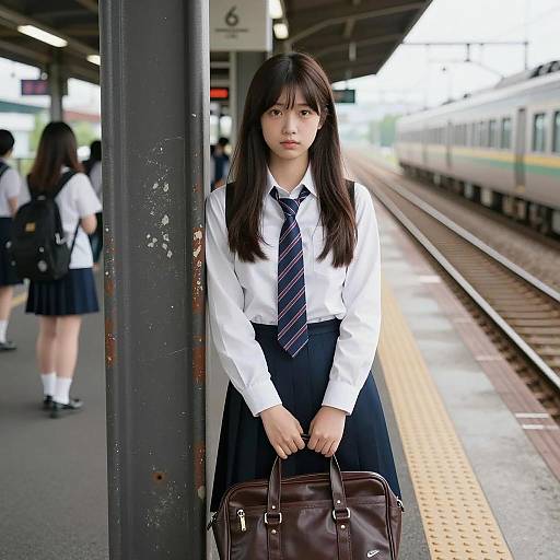 Japanese Schoolgirl on Train Platform