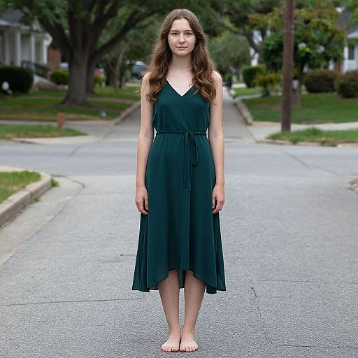 Photograph of a young woman with long brown hair, wearing a dark green sleeveless dress and barefoot, standing on a suburban street with trees and