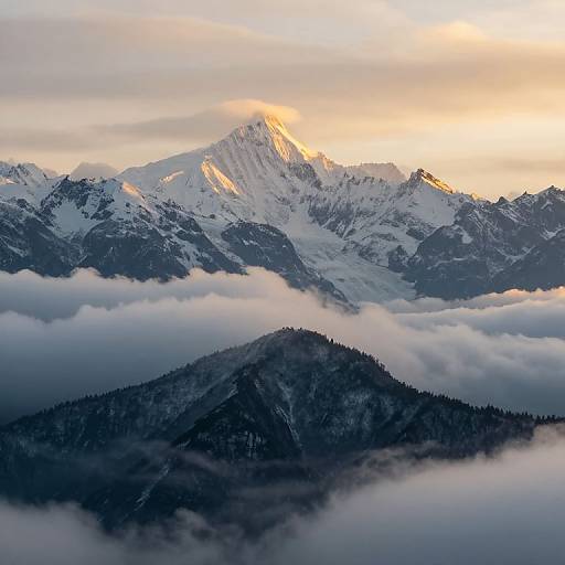 Photograph of a snow-capped mountain peak bathed in golden sunset light, surrounded by layers of fluffy clouds and dark forested hills below.